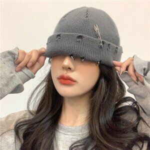 Dolls Kill grey pierced beanie